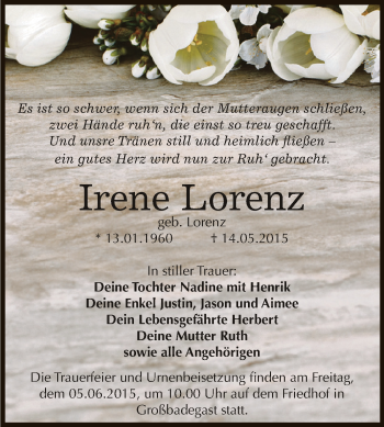 Traueranzeige von Irene Lorenz von WVG - Wochenspiegel Dessau / Köthen