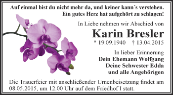 Traueranzeige von Karin Bresler von WVG - Wochenspiegel Dessau / Köthen