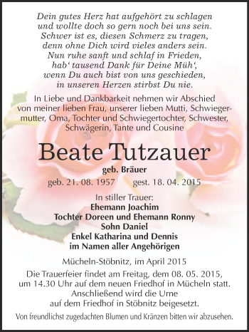 Traueranzeige von Beate Tutzauer von WVG - Wochenspiegel Merseburg