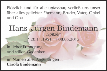 Traueranzeige von Hans-Jürgen Bindemann von WVG - Wochenspiegel Dessau / Köthen