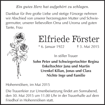 Traueranzeige von Elfriede Förster von WVG - Wochenspiegel NMB / WSF / ZTZ
