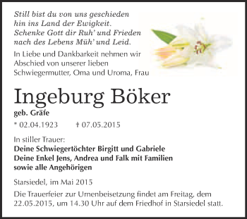 Traueranzeige von Ingeburg Böker von WVG - Wochenspiegel Merseburg