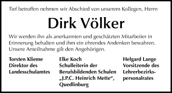 Traueranzeige von Dirk Völker von Mitteldeutsche Zeitung Quedlinburg