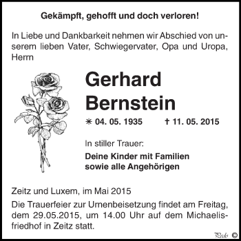 Traueranzeige von Gerhard Bernstein von Super Sonntag Zeitz