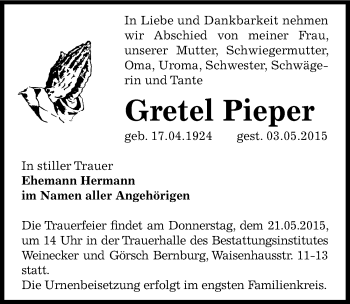Traueranzeige von Gretel Pieper von Mitteldeutsche Zeitung Bernburg