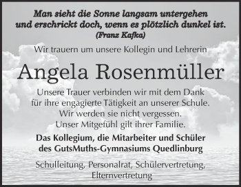 Traueranzeige von Angela Rosenmüller von WVG - Wochenspiegel Quedlinburg