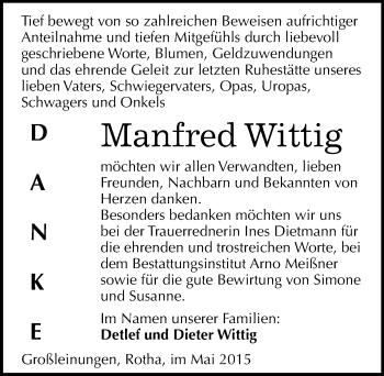 Traueranzeige von Manfred Wittig von Mitteldeutsche Zeitung Sangerhausen
