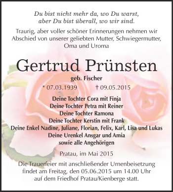 Traueranzeige von Gertrud Prünsten von Super Sonntag Wittenberg