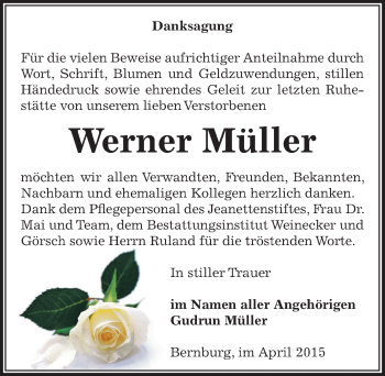 Traueranzeige von Werner Müller von Mitteldeutsche Zeitung Bernburg
