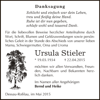 Traueranzeige von Ursula Stieler von WVG - Wochenspiegel Dessau / Köthen