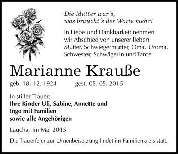 Traueranzeige von Marianne Krauße von Mitteldeutsche Zeitung Naumburg/Nebra