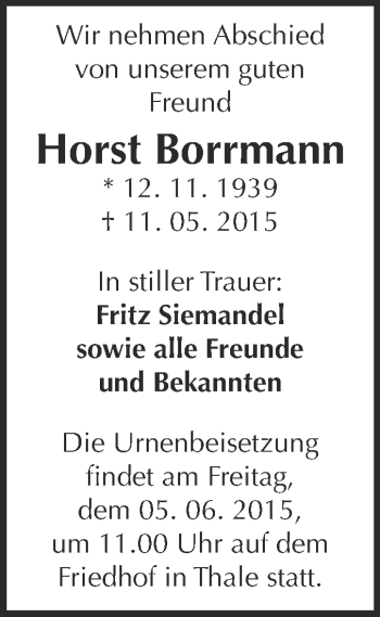 Traueranzeige von Horst Borrmann von Super Sonntag Quedlinburg
