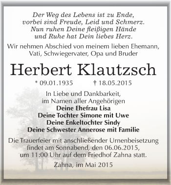 Traueranzeige von Herbert Klautzsch von Mitteldeutsche Zeitung Wittenberg
