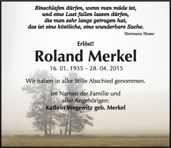 Traueranzeige von Roland Merkel von Mitteldeutsche Zeitung Weißenfels