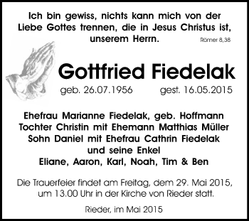 Traueranzeige von Gottfried Fiedelak von WVG - Wochenspiegel Quedlinburg