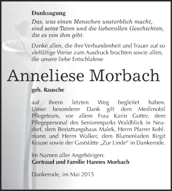 Traueranzeige von Anneliese Morbach von WVG - Wochenspiegel Quedlinburg