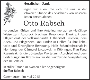 Traueranzeige von Otto Rabsch von Wochenspiegel Mansfelder Land