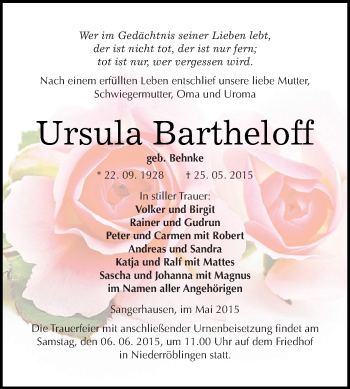 Traueranzeige von Ursula Bartheloff von Super Sonntag SGH Mansf. Land