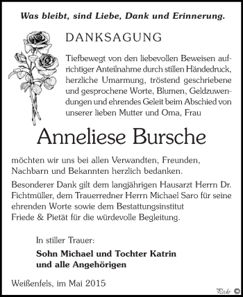 Traueranzeige von Anneliese Bursche von WVG - Wochenspiegel NMB / WSF / ZTZ