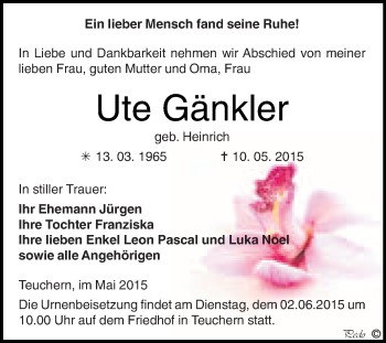 Traueranzeige von Ute Gänkler von WVG - Wochenspiegel NMB / WSF / ZTZ