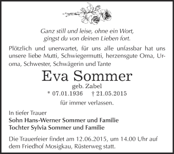 Traueranzeige von Eva Sommer von WVG - Wochenspiegel Dessau / Köthen