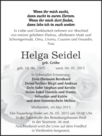 Traueranzeige von Helga Seidel von WVG - Wochenspiegel NMB / WSF / ZTZ