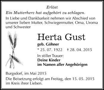 Traueranzeige von Herta Gust von Mitteldeutsche Zeitung Mansfelder Land
