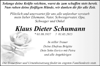 Traueranzeige von Klaus Dieter Schumann von WVG - Wochenspiegel Dessau / Köthen