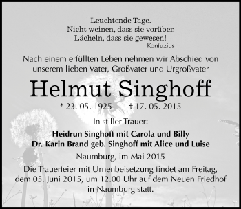 Traueranzeige von Helmut Singhoff von Mitteldeutsche Zeitung Naumburg/Nebra