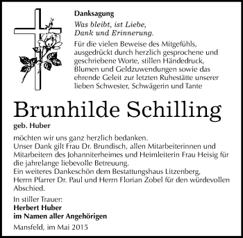 Traueranzeige von Brunhilde Schilling von Mitteldeutsche Zeitung Mansfelder Land