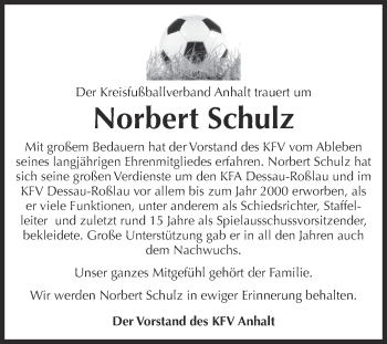 Traueranzeige von Norbert Schulz von Super Sonntag Dessau / Köthen