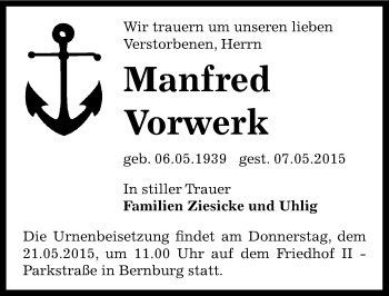 Traueranzeige von Manfred Vorwerk von Mitteldeutsche Zeitung Bernburg