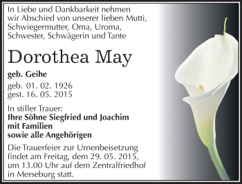 Traueranzeige von Dorothea May von Mitteldeutsche Zeitung Merseburg/Querfurt
