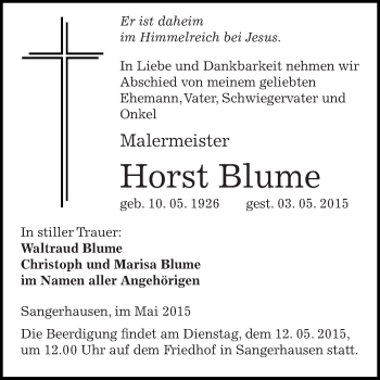 Traueranzeige von Horst Blume von Super Sonntag SGH Mansf. Land