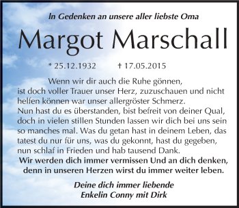 Traueranzeige von Margot Marschall von Mitteldeutsche Zeitung Zeitz