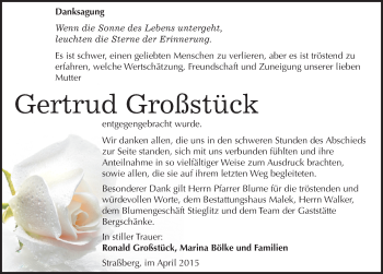 Traueranzeige von Gertrud Großstück von Mitteldeutsche Zeitung Quedlinburg
