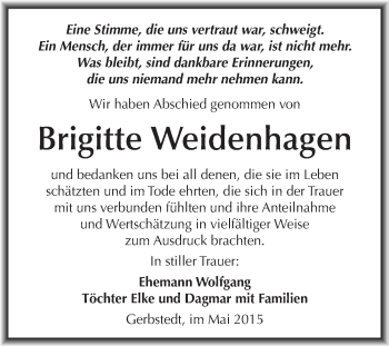 Traueranzeige von Brigitte Weidenhagen von Super Sonntag SGH Mansf. Land