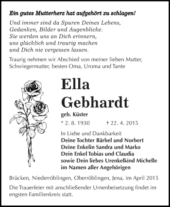 Traueranzeige von Ella Gebhardt von Super Sonntag SGH Mansf. Land