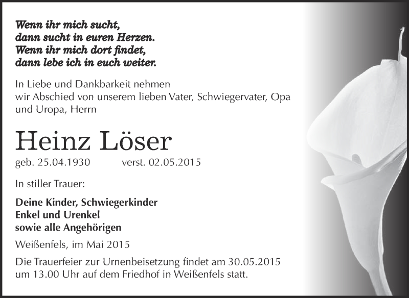  Traueranzeige für Heinz Löser vom 20.05.2015 aus WVG - Wochenspiegel NMB / WSF / ZTZ