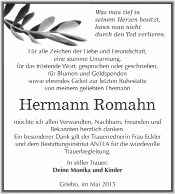 Traueranzeige von Hermann Romahn von Super Sonntag Wittenberg