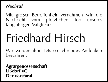 Traueranzeige von Friedhard Hirsch von Mitteldeutsche Zeitung Naumburg/Nebra