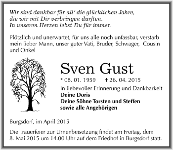 Traueranzeige von Sven Gust von Mitteldeutsche Zeitung Mansfelder Land