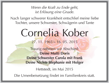 Traueranzeige von Cornelia Kober von Mitteldeutsche Zeitung Mansfelder Land