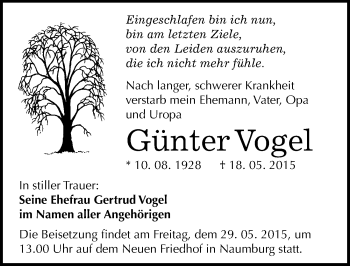 Traueranzeige von Günter Vogel von Mitteldeutsche Zeitung Naumburg/Nebra