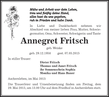 Traueranzeige von Annegret Fritsch von Super Sonntag Aschersleben