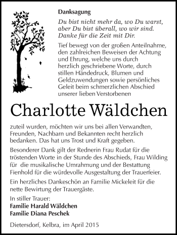 Traueranzeige von Charlotte Wäldchen von Super Sonntag SGH Mansf. Land