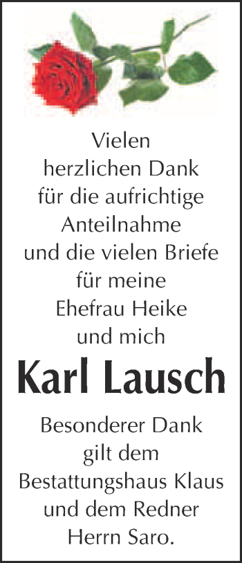 Traueranzeige von Karl Lausch von WVG - Wochenspiegel NMB / WSF / ZTZ
