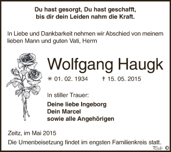 Traueranzeige von Wolfgang Haugk von Super Sonntag Zeitz