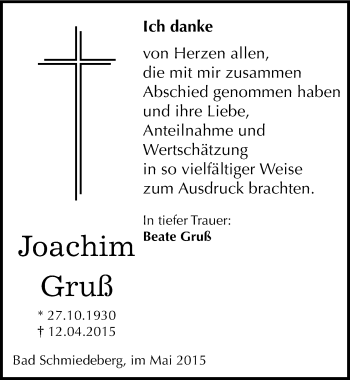 Traueranzeige von Joachim Gruß von Mitteldeutsche Zeitung Wittenberg