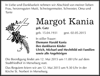 Traueranzeige von Margot Kania von Mitteldeutsche Zeitung Merseburg/Querfurt